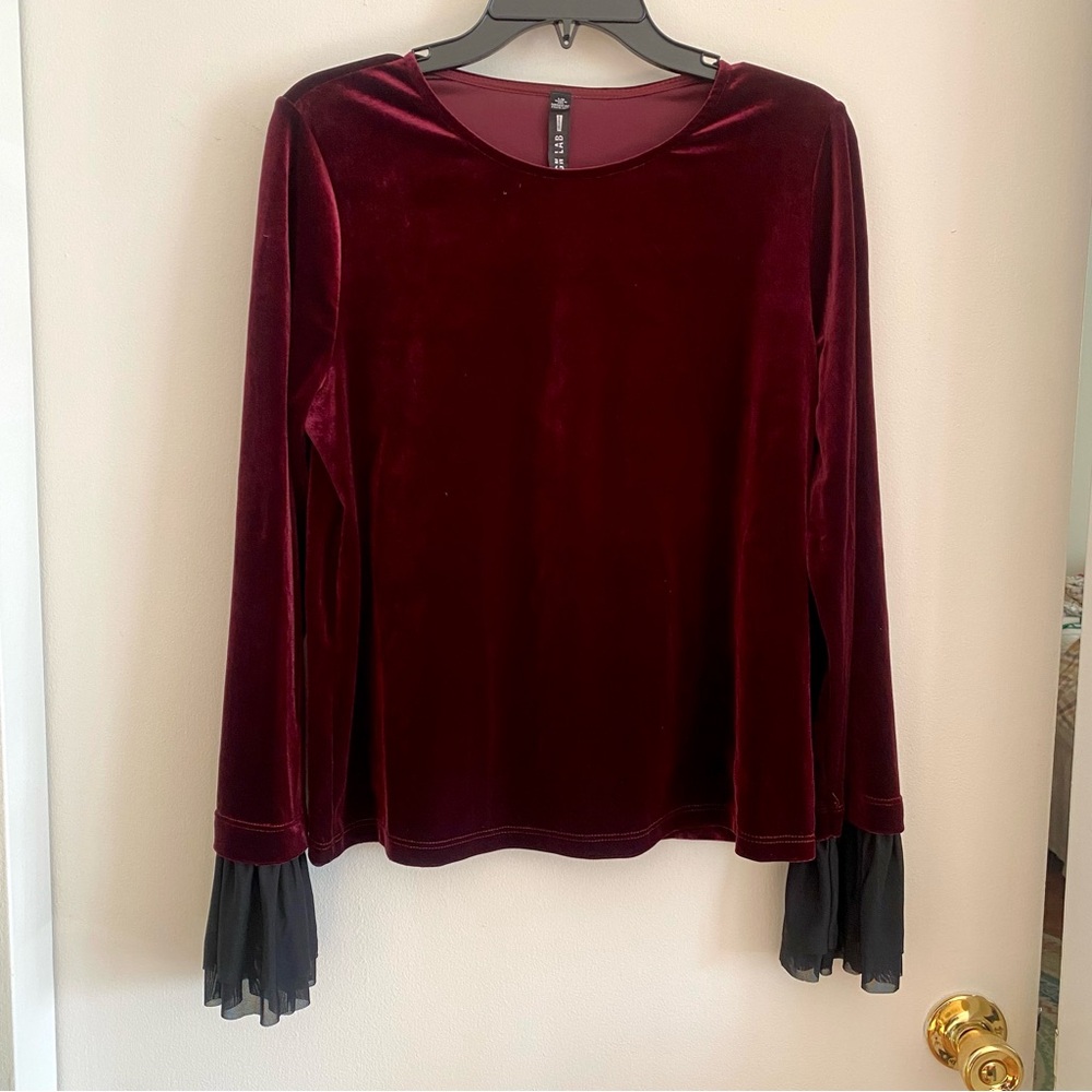 Design Lab. Elegant Burgundy Velvet Top with Black Sheer Cuffs